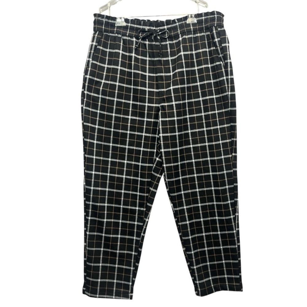 Berkley Jensen Plaid Pull On Pants XL Black White Tan Elastic Waist Tapered Leg